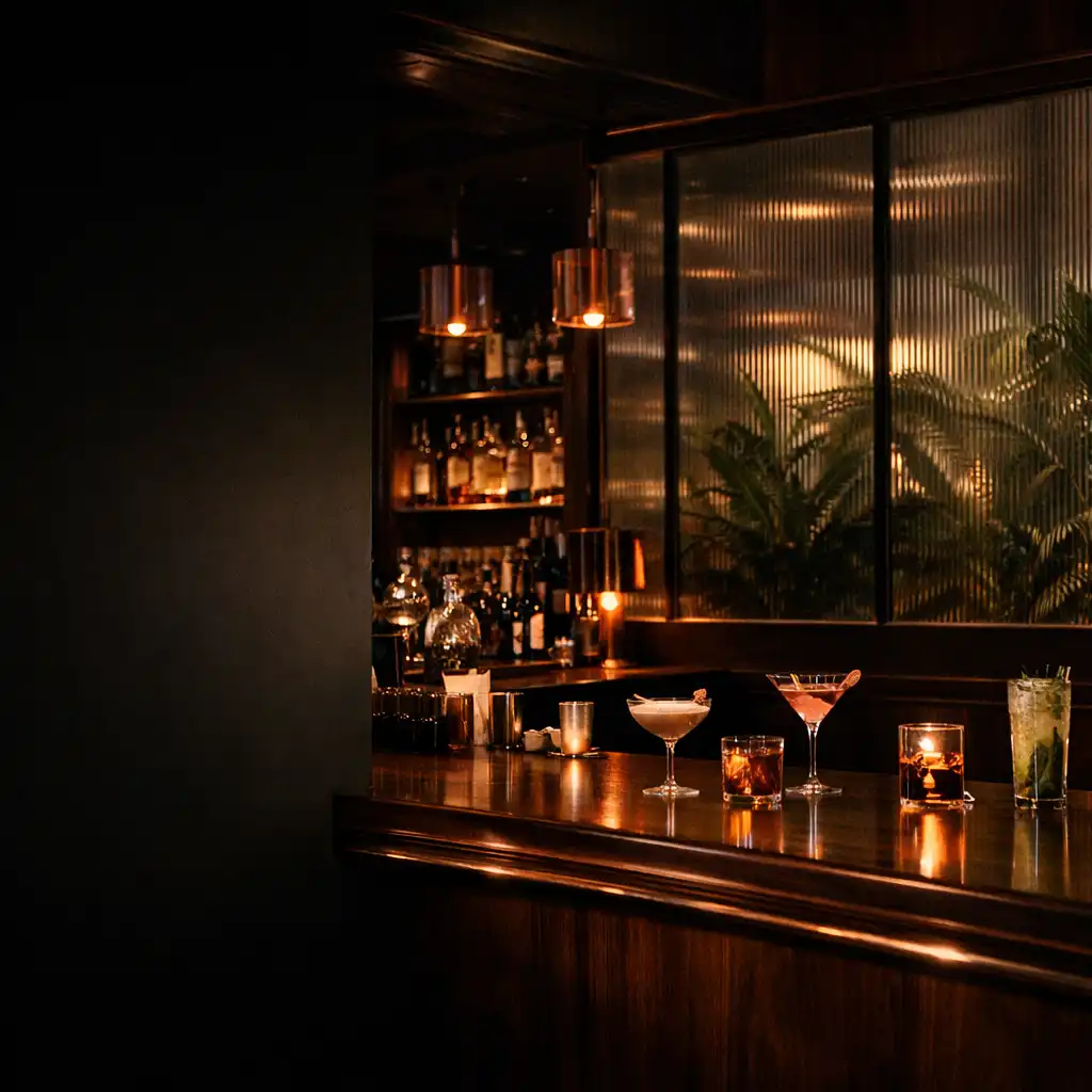 Comptoir de restaurant aux verres fumés et reflets cuivre