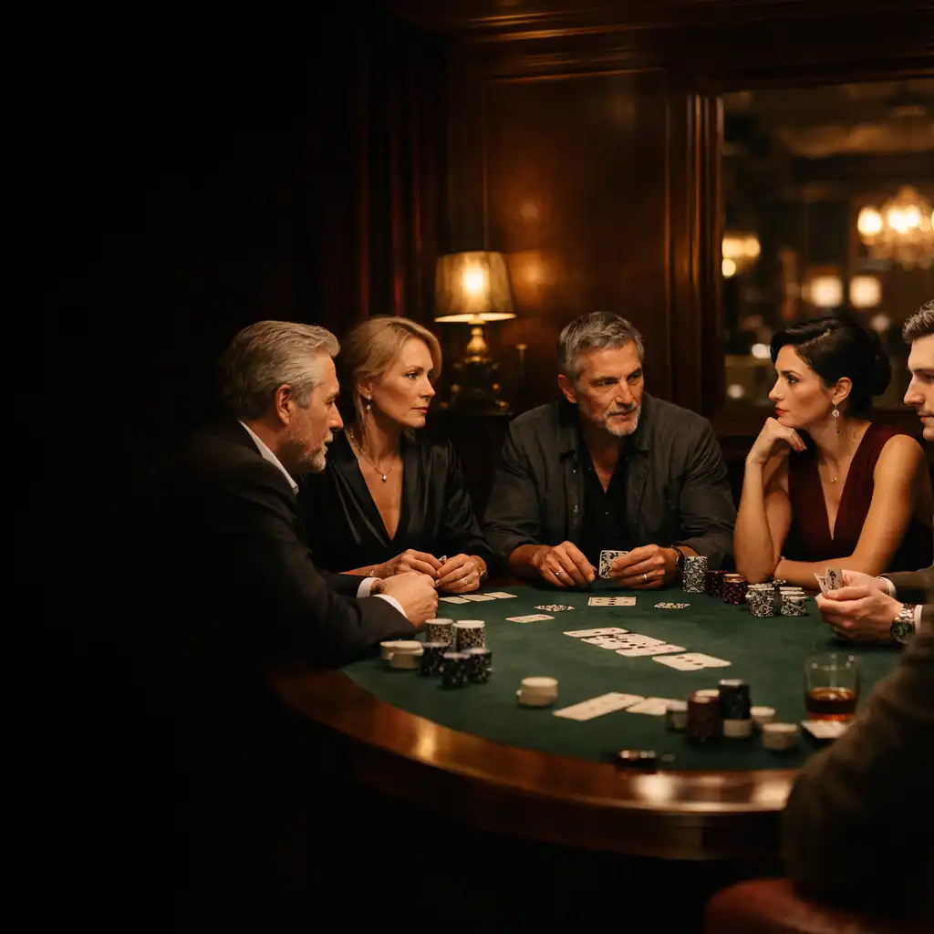 Groupe de personnes réunies face-à-face autour d’une grande table de poker dans un Card Room élégant