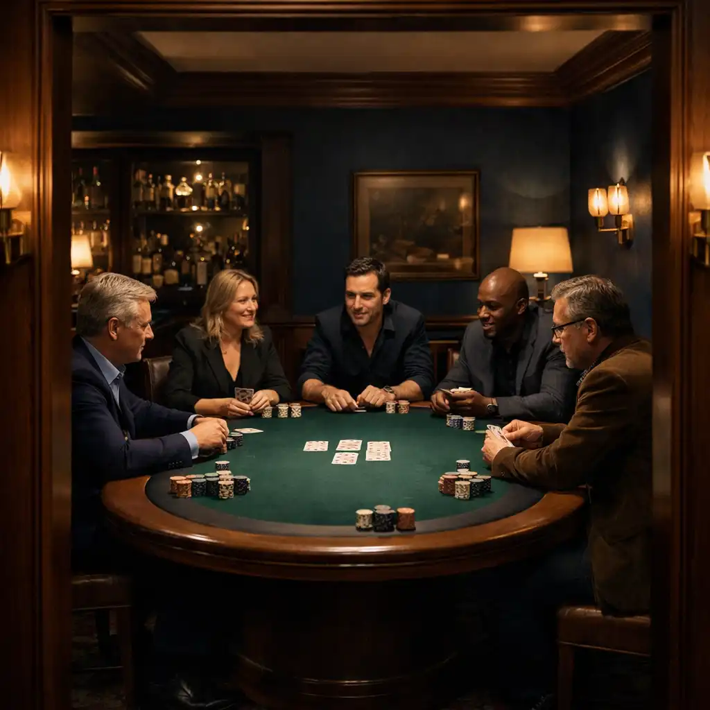 Cinq adultes autour d’une grande table de Texas Hold’em dans un Card Room parisien aux boiseries sombres