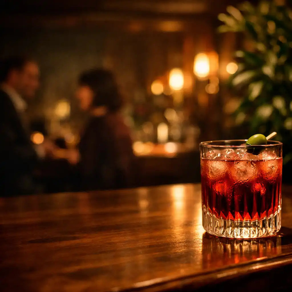 Cocktail élégant posé sur un comptoir en noyer dans un bar botanique parisien