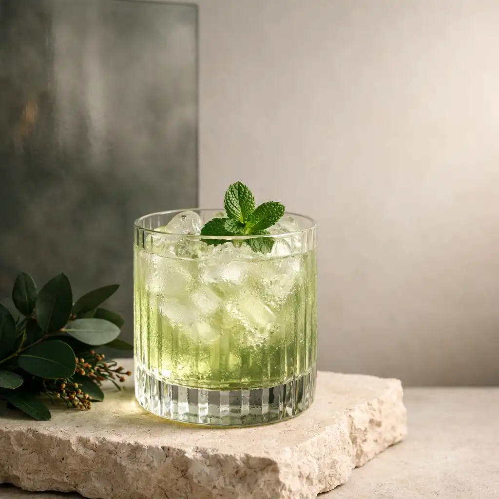 Cocktail aux reflets verts près de feuillage sombre et de verre fumé