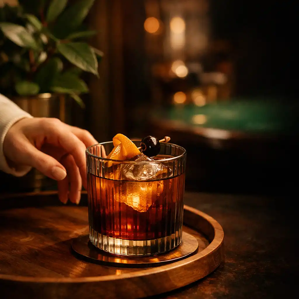 Cocktail dans un verre fumé sur un plateau de noyer dans une ambiance feutrée