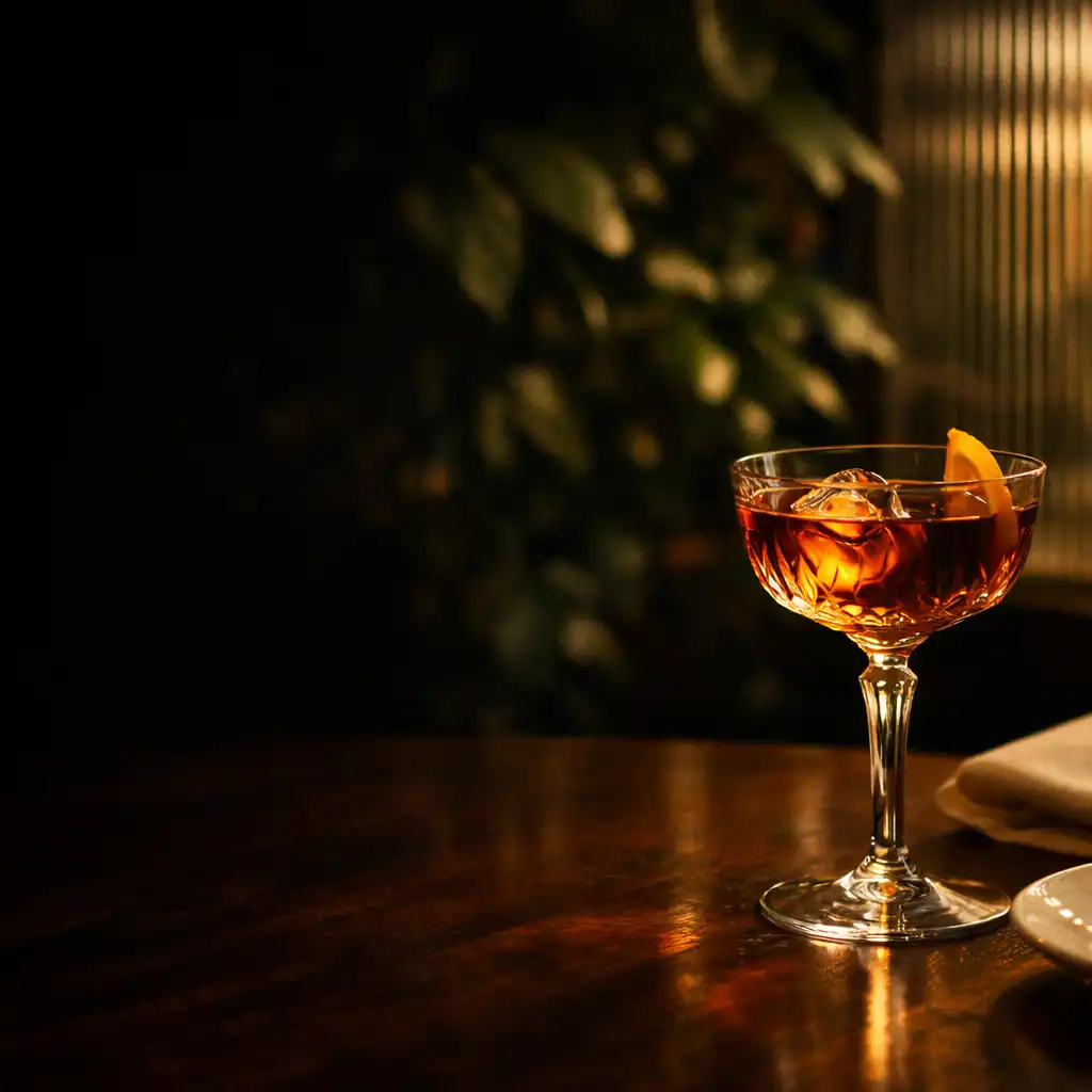 Cocktail ambré servi sur une table de restaurant dans une lumière de soirée
