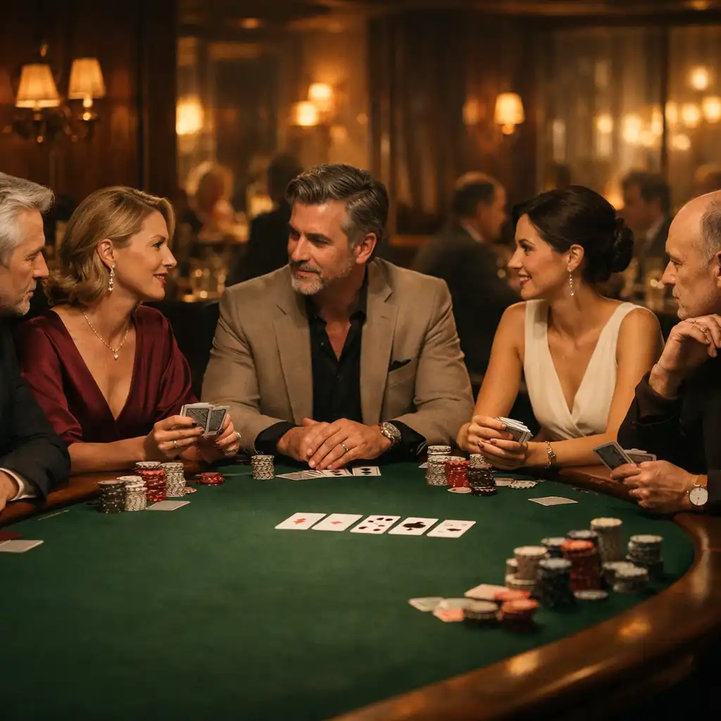 Convives élégants réunis autour d’une table de Texas Hold’em dans un Poker Lounge feutré