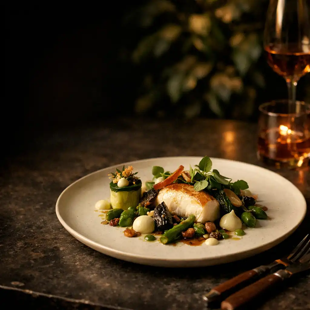 Assiette raffinée sur une table sombre dans une ambiance de dîner parisien