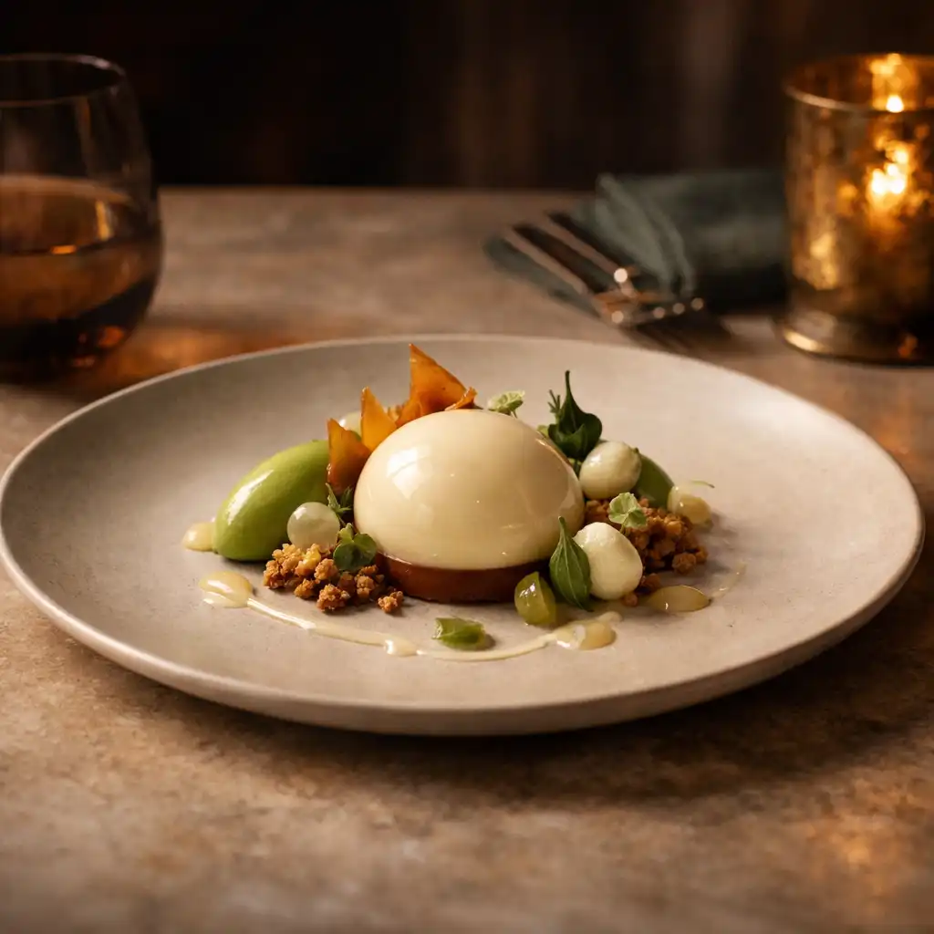 Dessert raffiné éclairé par une lumière douce de fin de soirée
