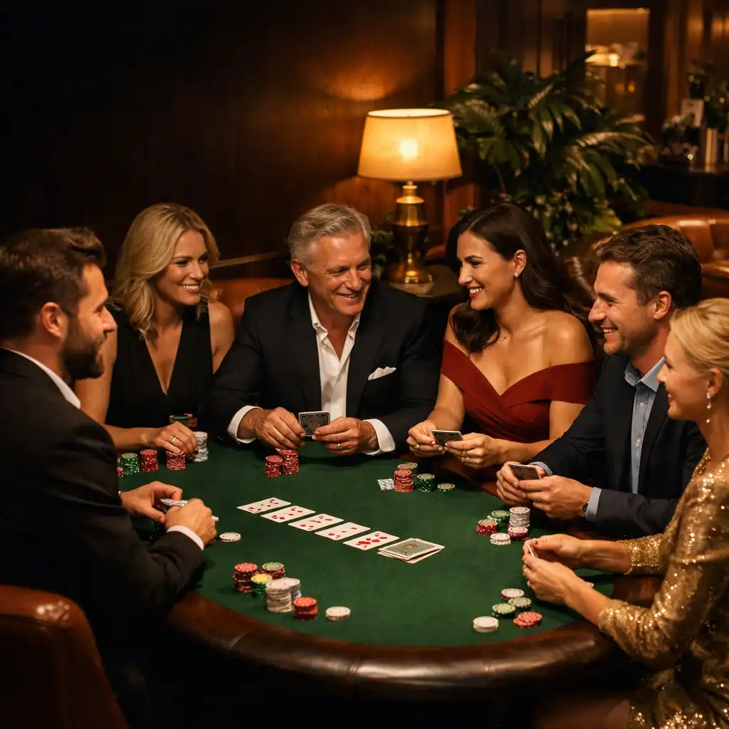 Groupe d'adultes réunis autour d'une vraie table de poker dans un intérieur élégant