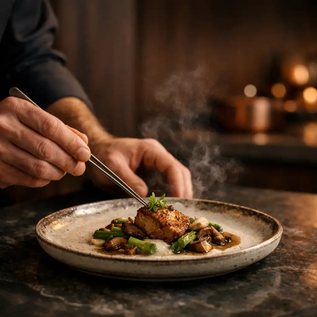 Mains finalisant avec précision une assiette dans une cuisine élégante