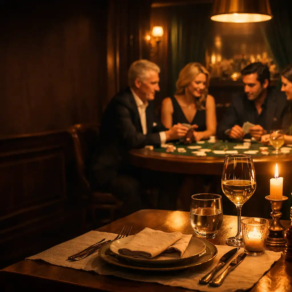 Table de dîner raffinée au premier plan et convives réunis autour d’une vraie table de poker dans un intérieur parisien