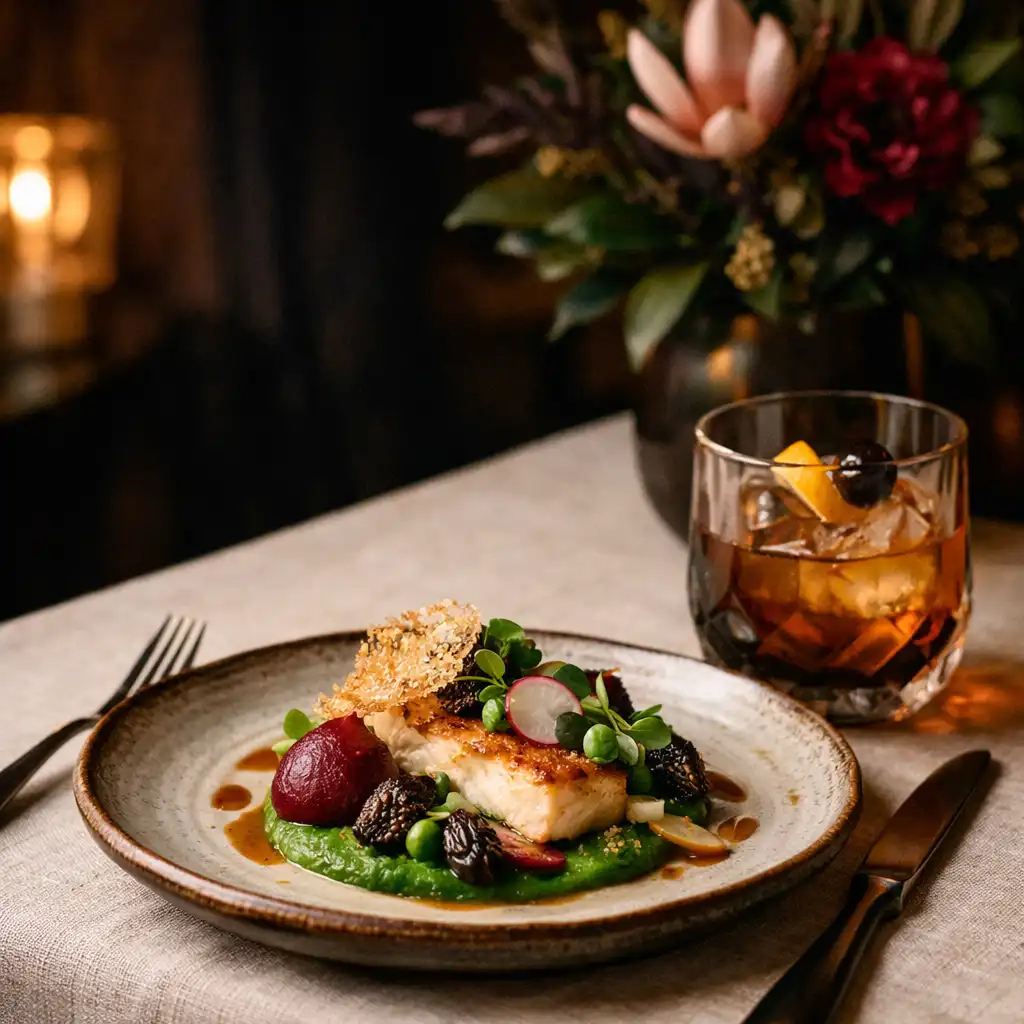 Assiette raffinée et cocktail ambré sur une table de restaurant parisien nocturne