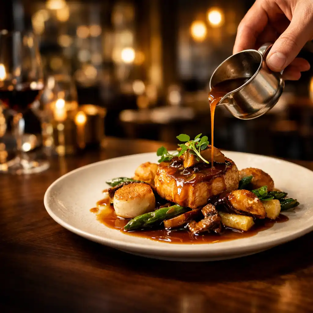 Assiette gastronomique servie avec un jus sur une table de noyer