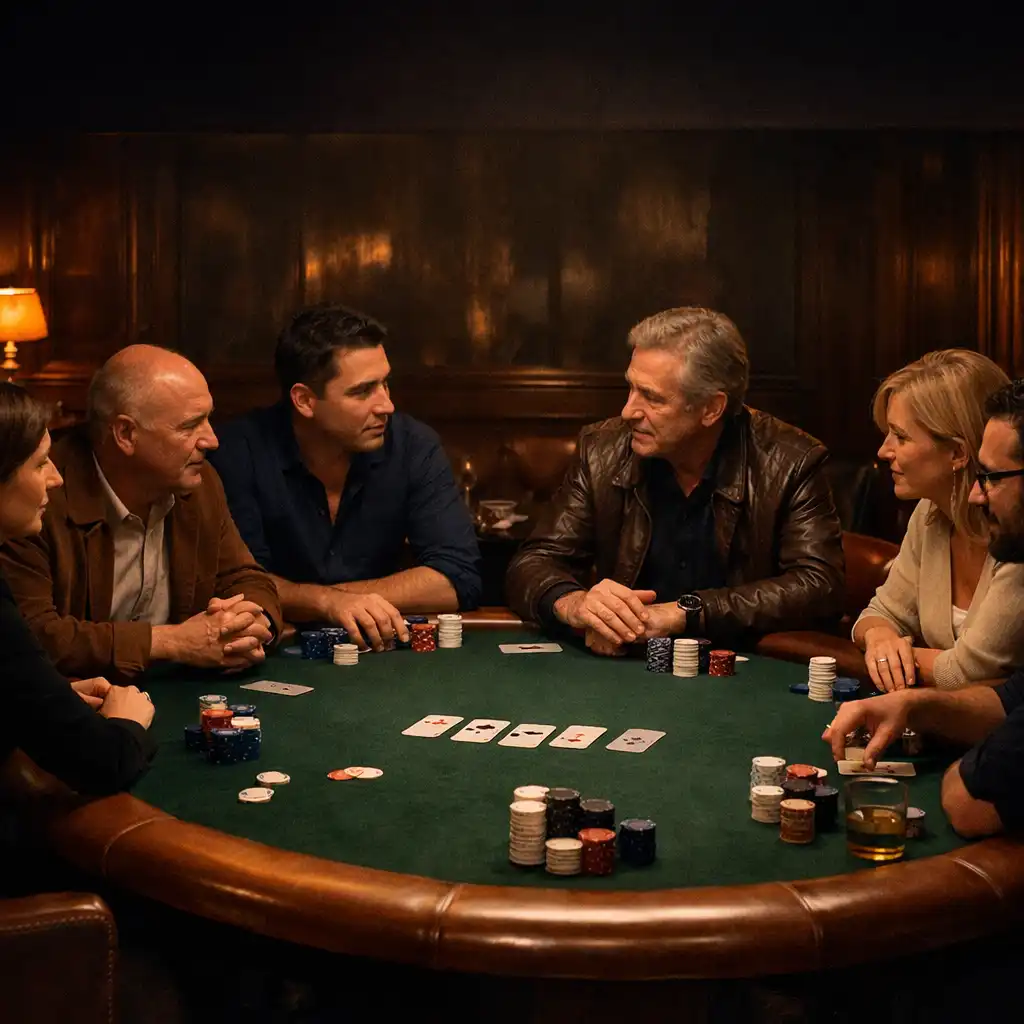 Adultes assis autour d’une vraie table de poker dans un lounge intimiste