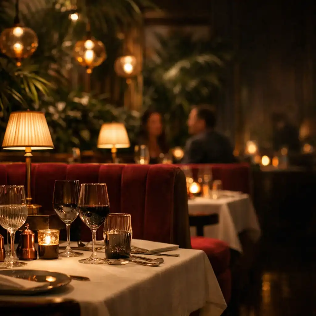 Salle de restaurant parisienne avec tables dressées, velours grenat et lumière nocturne