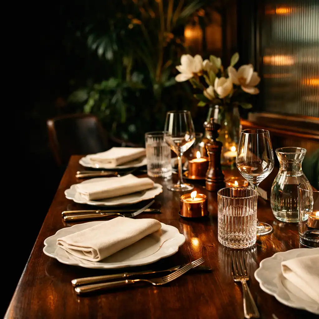 Table de restaurant dressée dans une ambiance nocturne et botanique