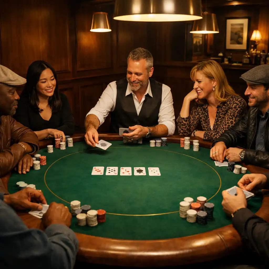 Convives assis autour d’une table de Texas Hold’em, cartes physiques au centre et jetons neutres devant eux
