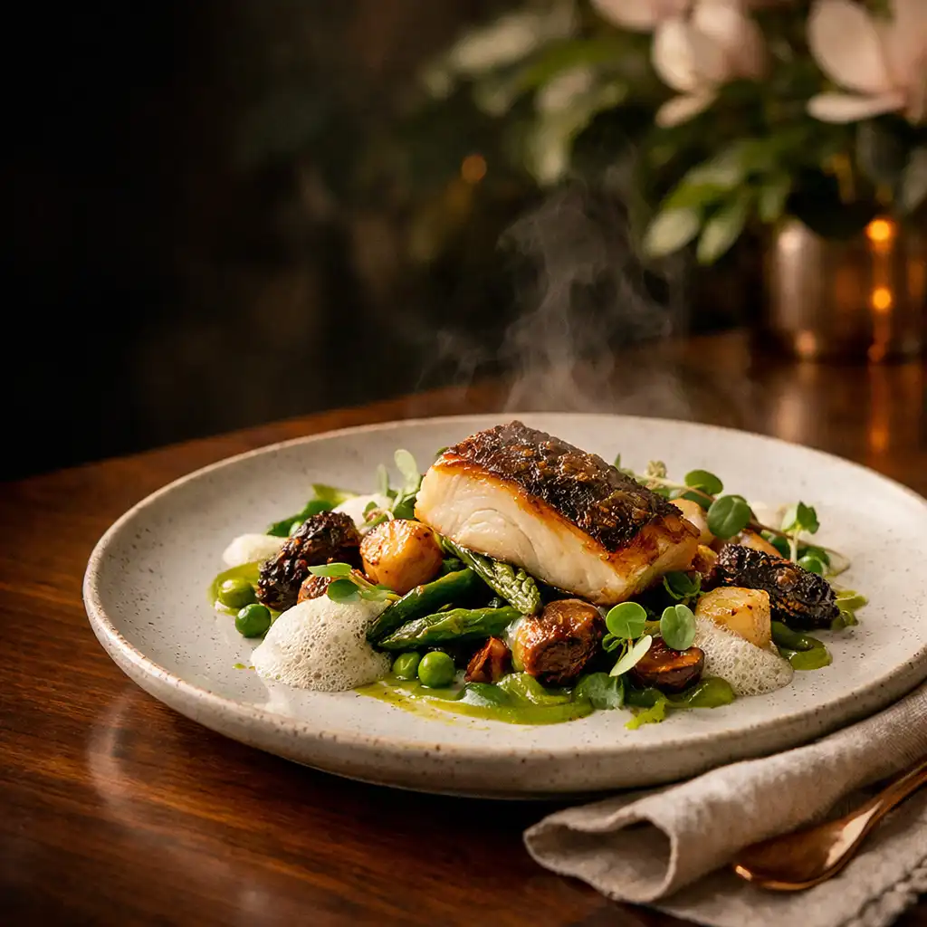 Plat gastronomique soigneusement dressé dans une assiette en céramique sur une table en noyer