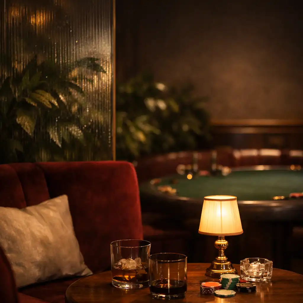 Intérieur du Poker Lounge avec banquette en velours grenat, verre fumé et feuillage derrière une paroi nervurée