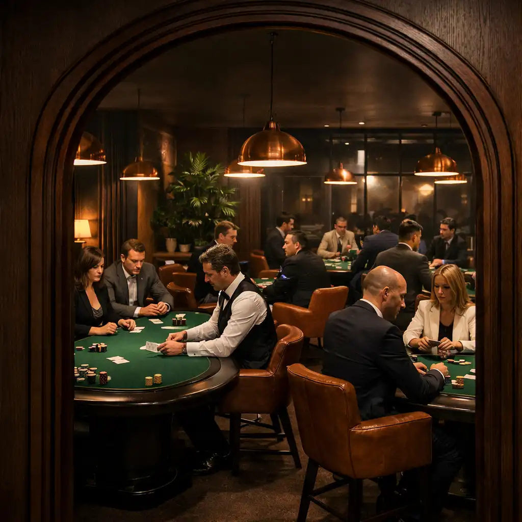 Poker Lounge vu à travers une porte cintrée, avec plusieurs tables, joueurs face-à-face et dealer