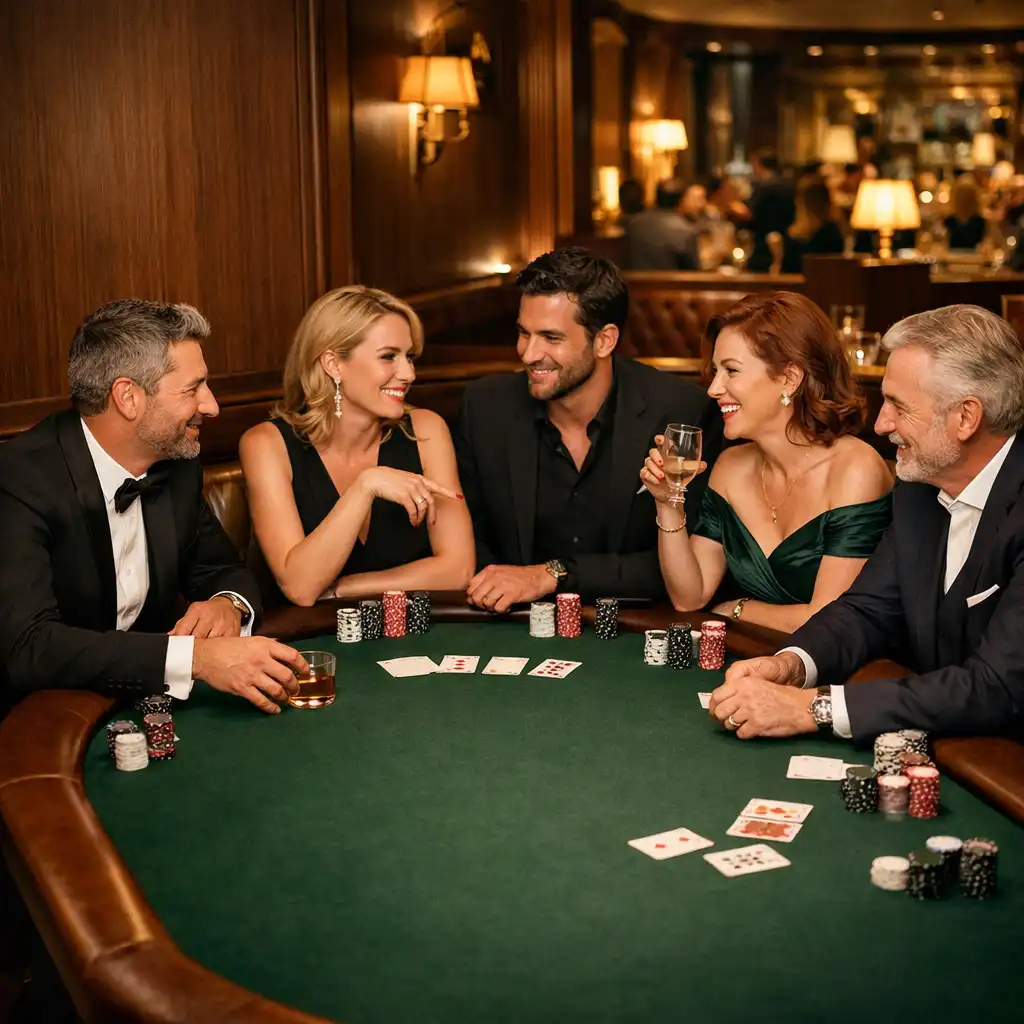Cinq personnes réunies autour d’une vraie table de poker dans un lounge parisien élégant