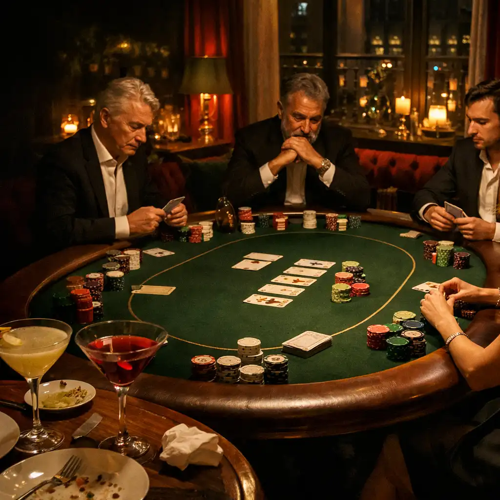 Adultes réunis autour d'une table de poker avec cocktails dans un intérieur feutré