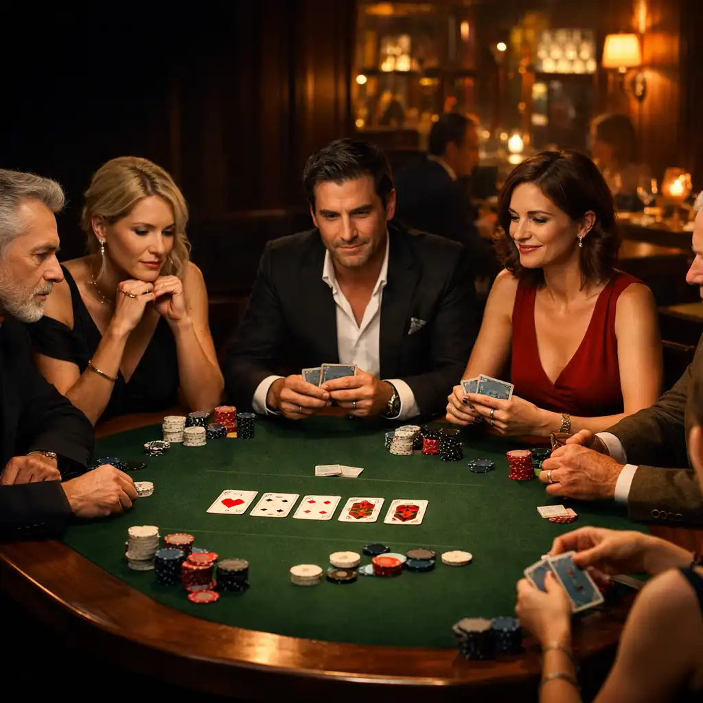 Six adultes réunis autour d’une table complète de Texas Hold’em dans une salle feutrée à Paris